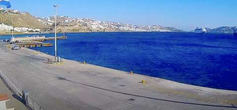 Utsikt från webbkameran till Mykonos gamla hamn